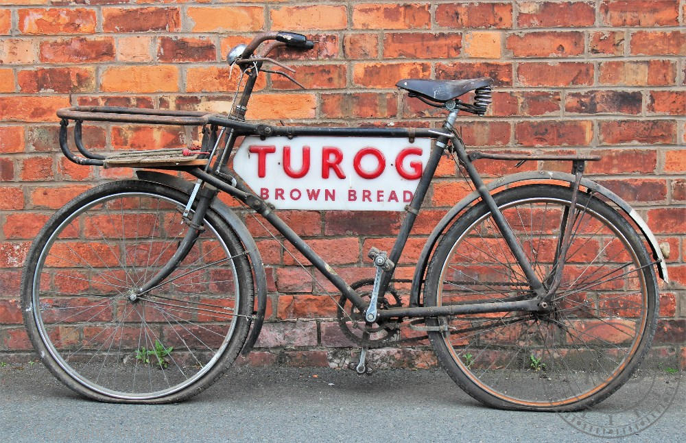 A Vindec vintage grocers delivery bicycle, with perspex advertising plate for 'Turgo Brown Bread',