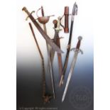 A lacquered brass two drawer telescope, 64cm long overall, with a collection of swords, bayonets,