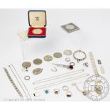 A selection of assorted silver, jewellery and coins, to include; a silver abacus pendant,