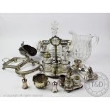 A collection of silver plated wares, to include; a cruet set, a condiment set, an egg cruet,