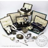 A selection of silver and silver plate items, to include a silver three piece condiment set,