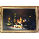 Frank Lean, Oil on canvas, Still life of fruit, bottle of wine and a lit candle, Signed,