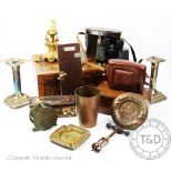 A selection of vintage items, to include a pair of silver plated candlesticks, gilt metal lamp,