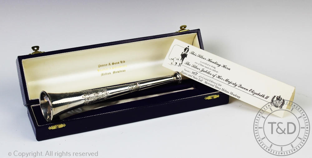 A cased silver hunting horn, Barrowclift Silvercraft, Sheffield 1977, Limited Edition of 250, 3.