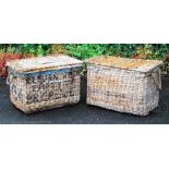 Two vintage wicker railway baskets named for Crewe station, larger 50cm H x 86cm W x 52cm D,