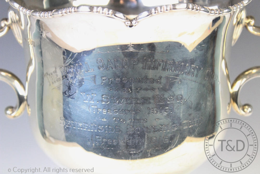 'The Royal Salop Infirmary Cup', a large George V two handled silver trophy, Robinson & Co, - Image 3 of 4