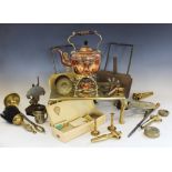 A miscellany of 19th century and later metal wares, to include two iron and brass teapot stands,