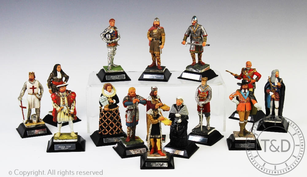 A collection of fifteen painted white metal figures of Kings and Queens of England and Great