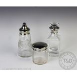 A silver collared glass bottle and stopper, Birmingham 2003, of simple square form, 14cm high,