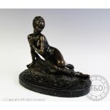 After Mme Leon Bertaux, a modern bronze of a reclining nude woman on oval marble base,