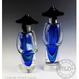 Two Murano blue and clear glass Chinese figures, in the manner of Andrea Taglliapietra, signed 'L.