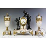 A French late 19th century marble clock garniture,