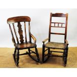A 19th century beech and ash rocking chair, with spindle back and rush seat, on turned legs, 98cm H,