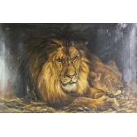 After Geza Vastagh (Hungarian 1866-1919), Oil on canvas, A Lion and a Lioness resting in a den,