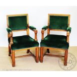 Two Victorian oak hall chairs, by repute from Broughton Hall Worthenbury, with green upholstery,