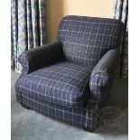 A Ralph Lauren salon arm chair, with blue and white cheque upholstery,