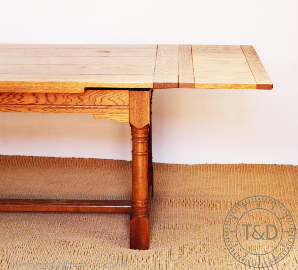 An oak drawer leaf extending refectory table, with five plank top, on turned legs and block feet, - Image 2 of 2