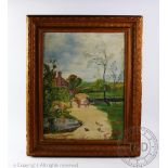 Tom Paul, Oil on canvas, Two cows and milk maid on a farm road, Signed, 41.5cm x 31.