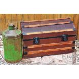 A selection of vintage items to include; a domed, metal mounted travel trunk monogrammed 'G.