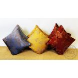 Three pairs of Mulberry cushions, decorated with fruiting vines in red, blue and gold,