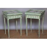 A pair of modern occasional tables, with green Delft style tile tops decorated with boats,