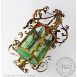 An Arts and Crafts type brass hexagonal hall lantern,