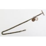 A silver curblink double Albert chain, with lobster clasp and attached T bar, overall length 41.