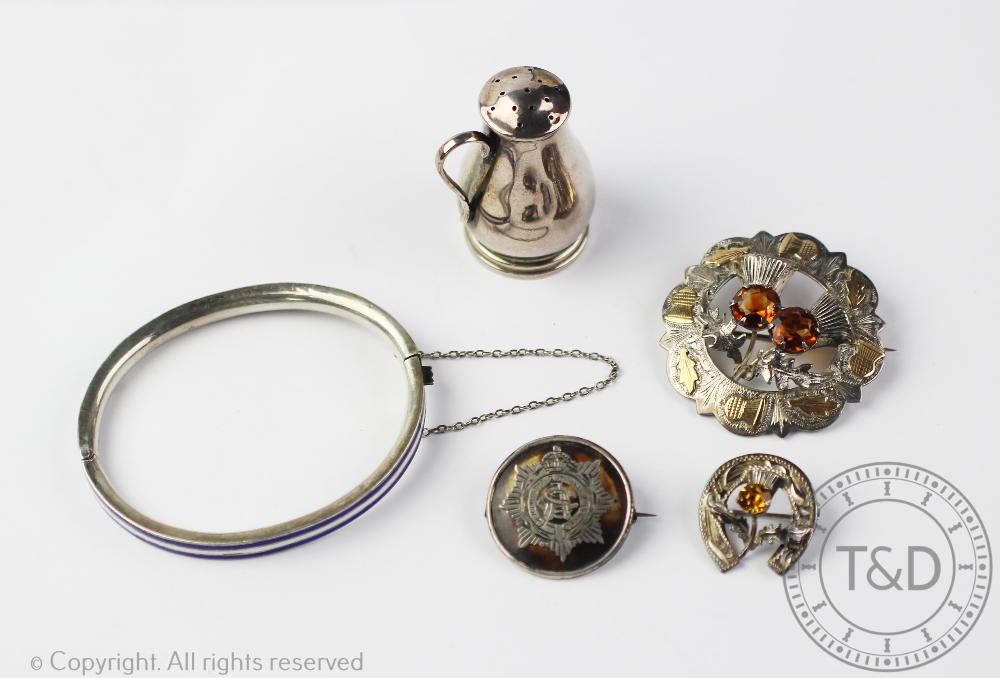 A selection of silver jewellery, to include; a Scottish silver and citrine set brooch,