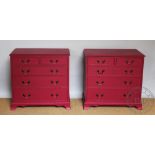 A pair of modern red painted chest of drawers, with two short drawers and three long drawers,
