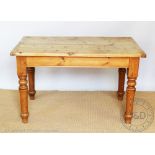 A Victorian style pine country kitchen dining table, five plank top with cleated ends,