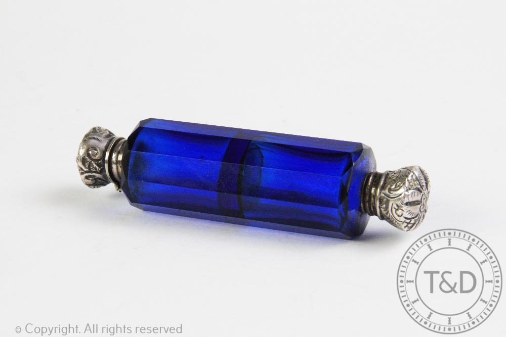 A Victorian blue glass double scent bottle,