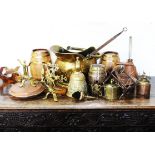 A selection of 19th century brass and copper wares to include coopered ale barrels, a copper kettle,