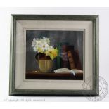 Ray Elwood, Oil on canvas, 'Daffodils and Daisies' - still life of flowers and books,