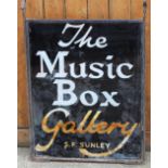 A vintage art gallery street sign for 'The Music Box Gallery', S. F.