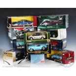 Eleven boxed scale models of classic cars by various makers including Revell, Burago, Corgi,