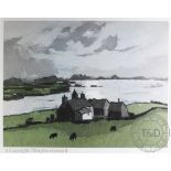 SIR KYFFIN WILLIAMS, Limited edition print, Penrhyn Du - Aberffraw, landscape with farm and cows,