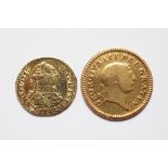A George III gold third guinea dated 1804 and an 18th century Charles III Spanish half escudo dated