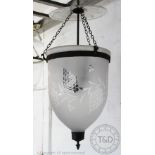 A Victorian style bell shaped frosted glass hall lantern, decorated with fruiting vines,