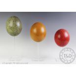 Three coloured ostrich eggs, on perspex stands,