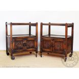 A pair of oak tray top bedside tables, with two shelves and two doors, 73cm H x 59cm W x 40.