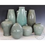 Six modern celadon glaze vases, including an ovoid pair, 45cm high,