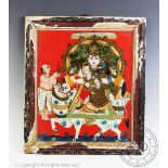 Indian School, Reverse painting on glass with gilt foil backing, Lakshmi and Parvati riding Nandi,