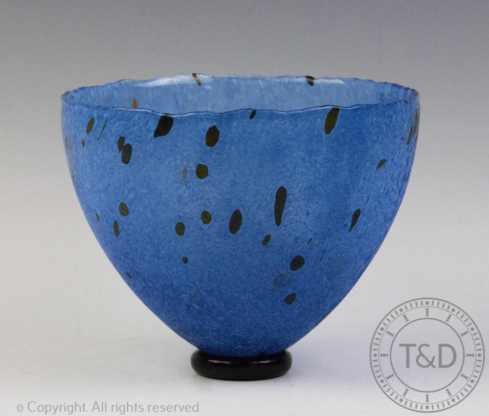 A Kosta Boda glass vase, in mottled blue, signed and with signature possibly for Bertil Vallien,