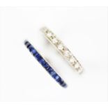 An untested sapphire set full eternity ring, designed as channel set, square cut sapphires,