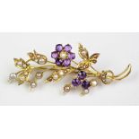 A Victorian seed pearl and amethyst set spray brooch,