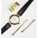A selection of gold coloured jewellery, comprising; an 18ct gold ladies wristwatch,