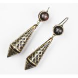 A pair of Victorian tortoiseshell and pique work drop earrings,