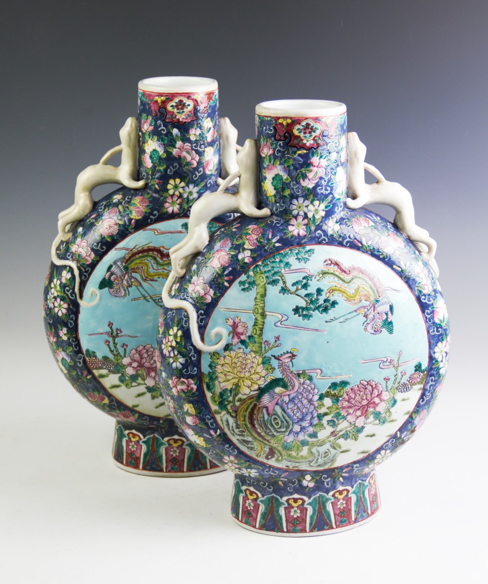 A large pair of Chinese porcelain moon flasks,
