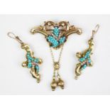 A pair of Victorian seed pearl and turquoise set drop earrings and a matching brooch,