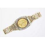 A George V gold sovereign dated 1912, set within a 9ct gold gate link bracelet,